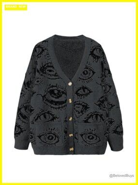 Womens Plus Size Eye Print Goth Cardigan Grunge Punk Sweater